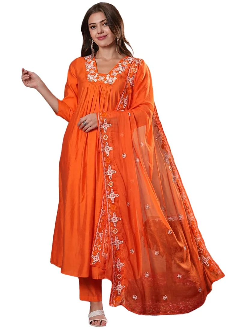 GoSriKi GoSriKi Women's Rayon Blend Anarkali Thread Work Kurta with Pant & Dupatta (ASHVTHAMA ORANGE-VKS07-GS_XL_Orange_X-Large)